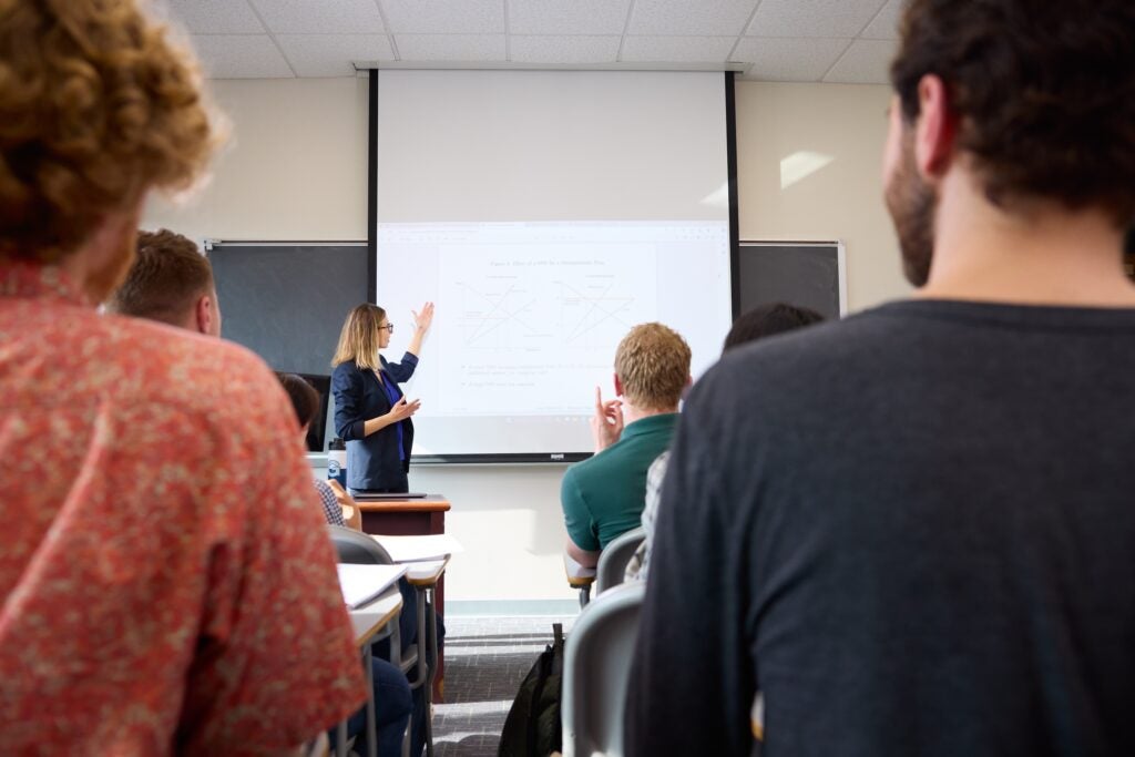 Instructor pointing at a projection while students listen