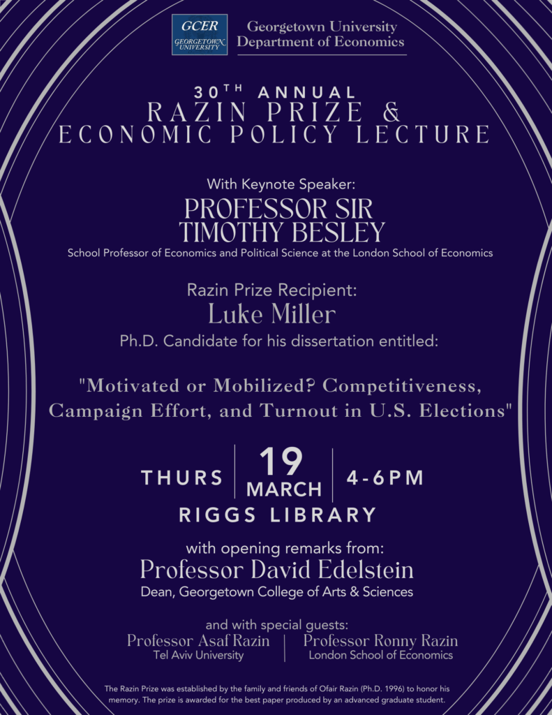 Razin Prize with Keynote Sir Timothy Besley, 3/19/26 @ 4pm, Riggs Library